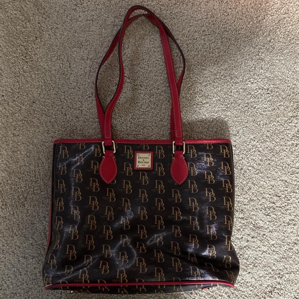 Dooney & Bourke Monogrammed Mini Tote in Brown and Red